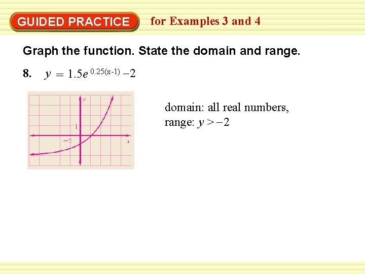 GUIDED PRACTICE for Examples 3 and 4 Graph the function. State the domain and
