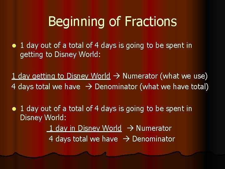 Beginning of Fractions l 1 day out of a total of 4 days is