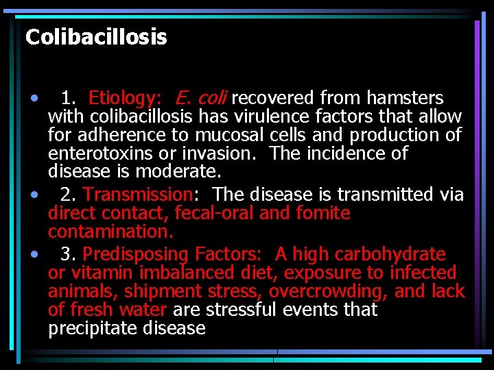 Colibacillosis • 1. Etiology: E. coli recovered from hamsters with colibacillosis has virulence factors Colibacillosis • 1. Etiology: E. coli recovered from hamsters with colibacillosis has virulence factors