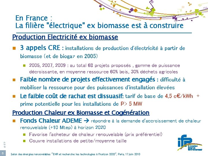 En France : La filière "électrique" ex biomasse est à construire Production Electricité ex