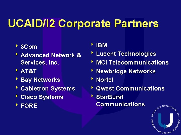 UCAID/I 2 Corporate Partners 8 3 Com 8 Advanced Network & Services, Inc. 8