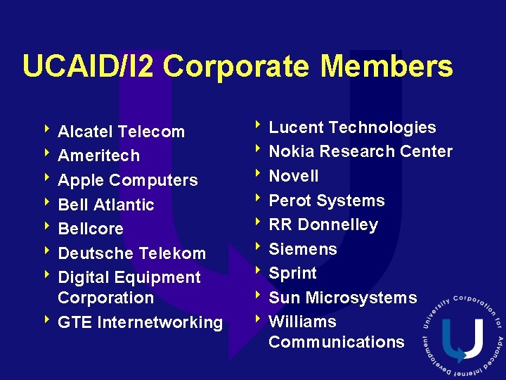 UCAID/I 2 Corporate Members 8 Alcatel Telecom 8 Ameritech 8 Apple Computers 8 Bell