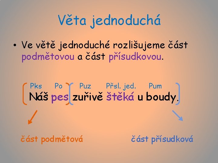 Věta jednoduchá • Ve větě jednoduché rozlišujeme část podmětovou a část přísudkovou. Pks Po