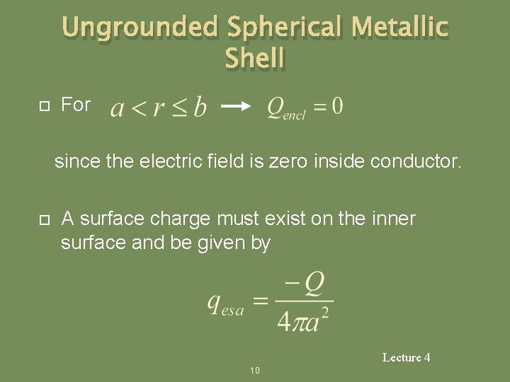 Ungrounded Spherical Metallic Shell For since the electric field is zero inside conductor. A