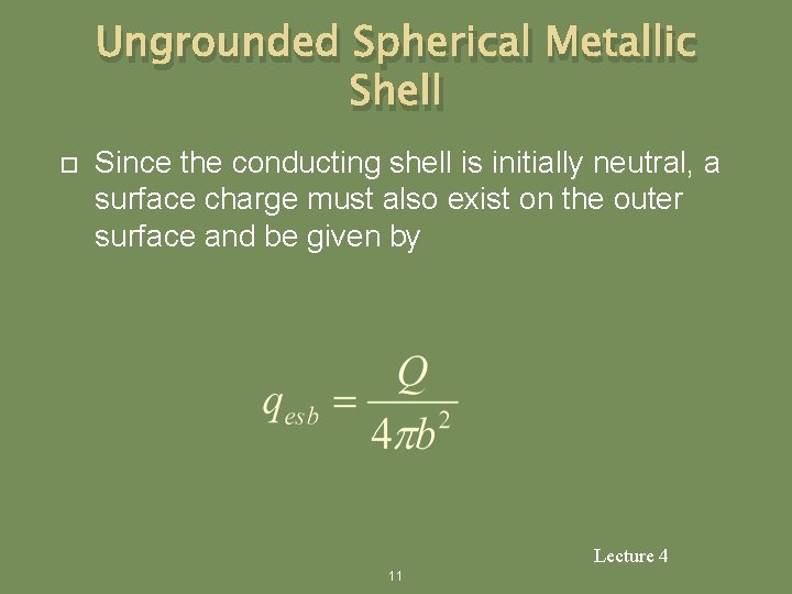 Ungrounded Spherical Metallic Shell Since the conducting shell is initially neutral, a surface charge