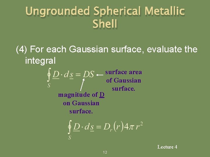 Ungrounded Spherical Metallic Shell (4) For each Gaussian surface, evaluate the integral magnitude of