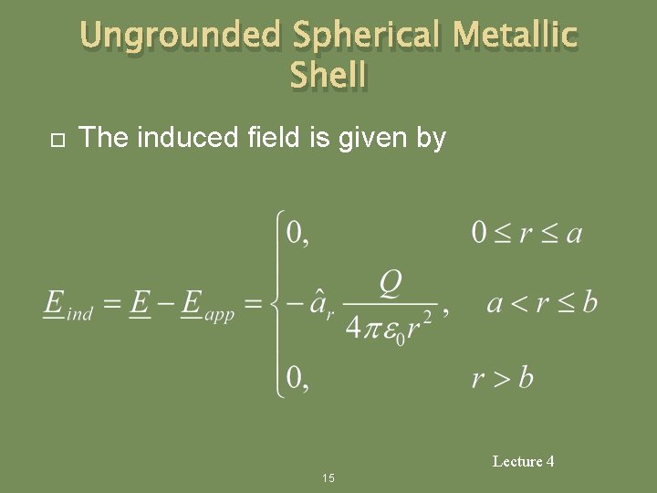 Ungrounded Spherical Metallic Shell The induced field is given by Lecture 4 15 