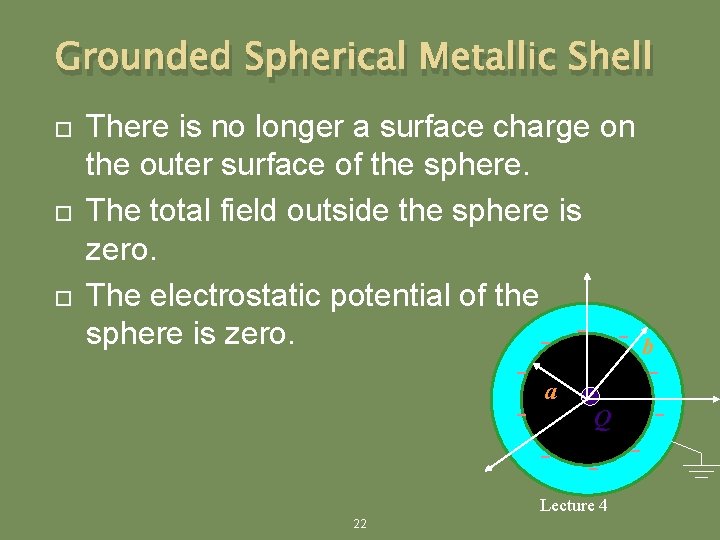 Grounded Spherical Metallic Shell There is no longer a surface charge on the outer