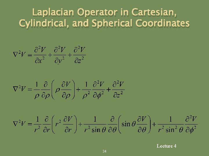 Laplacian Operator in Cartesian, Cylindrical, and Spherical Coordinates Lecture 4 34 