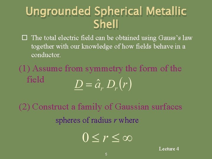 Ungrounded Spherical Metallic Shell The total electric field can be obtained using Gauss’s law