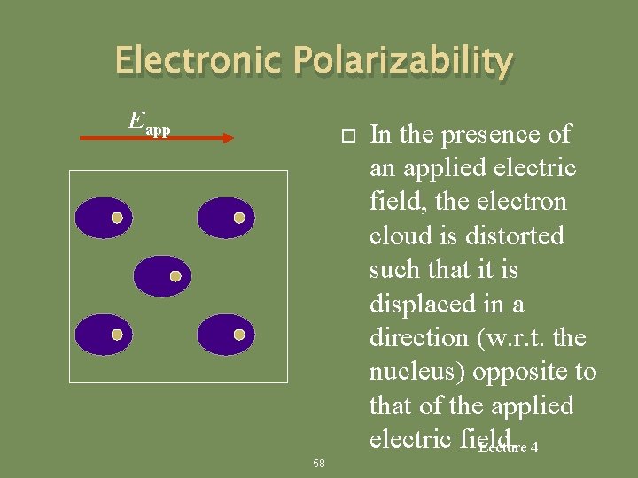 Electronic Polarizability Eapp 58 In the presence of an applied electric field, the electron