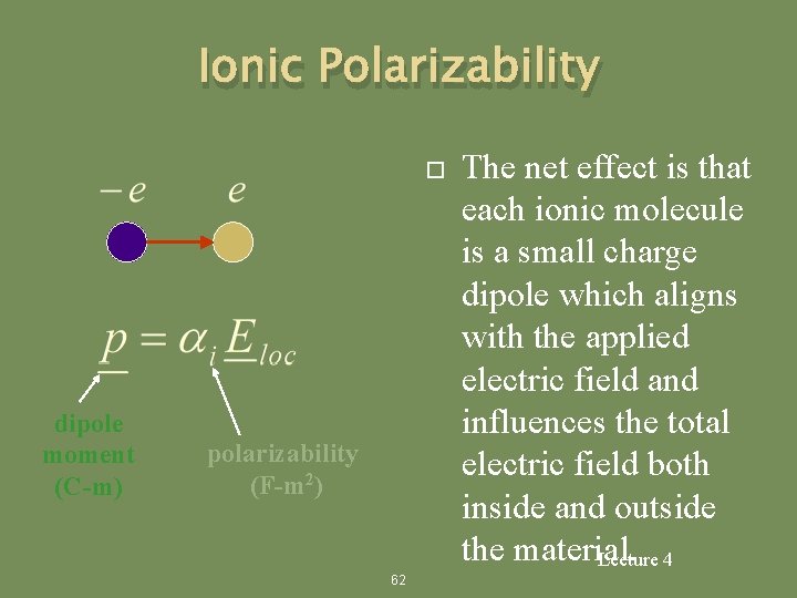 Ionic Polarizability dipole moment (C-m) polarizability (F-m 2) 62 The net effect is that