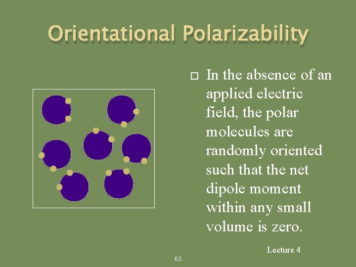 Orientational Polarizability In the absence of an applied electric field, the polar molecules are