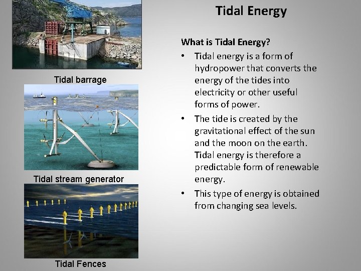 Tidal Energy Tidal barrage Tidal stream generator Tidal Fences What is Tidal Energy? •