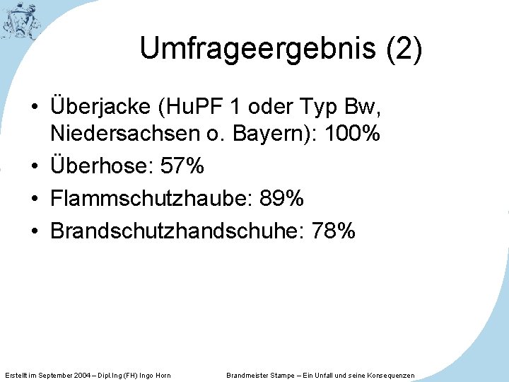 Umfrageergebnis (2) • Überjacke (Hu. PF 1 oder Typ Bw, Niedersachsen o. Bayern): 100%