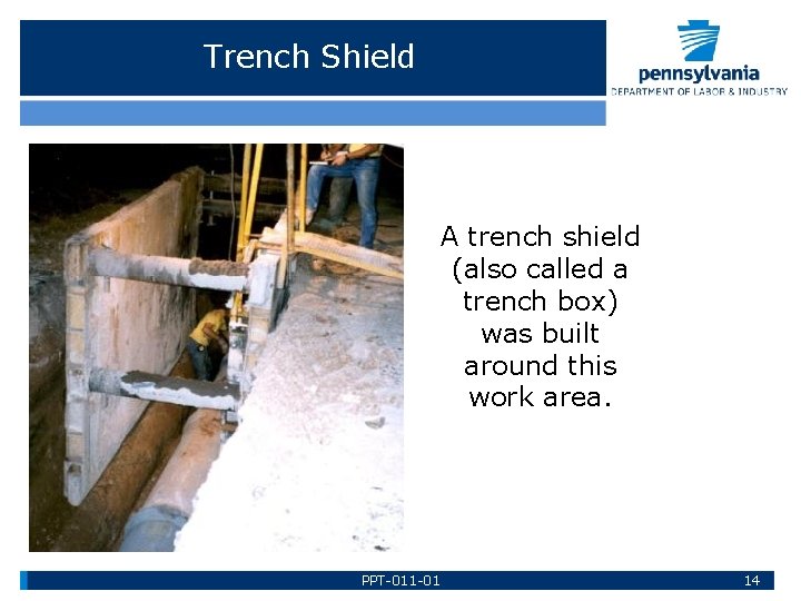 Trench Shield A trench shield (also called a trench box) was built around this