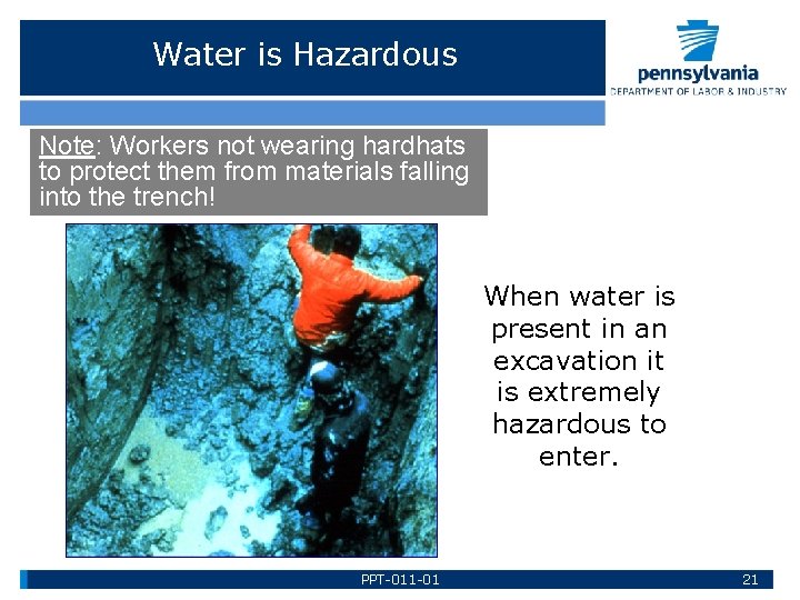 Water is Hazardous Note: Workers not wearing hardhats to protect them from materials falling