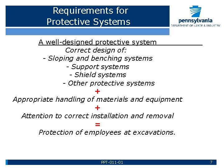 Requirements for Protective Systems A well-designed protective system Correct design of: - Sloping and
