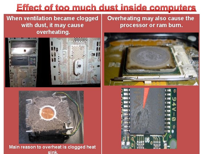 Effect of too much dust inside computers When ventilation became clogged with dust, it