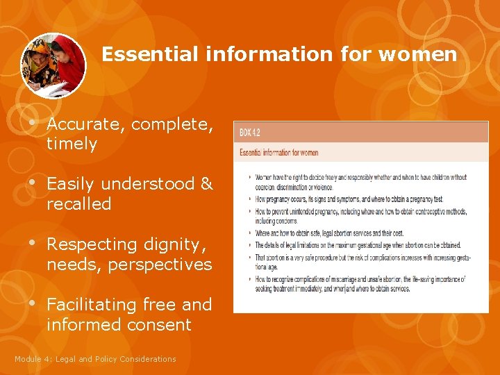 Essential information for women • Accurate, complete, timely • Easily understood & recalled •