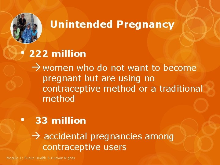 Unintended Pregnancy • 222 million women who do not want to become pregnant but