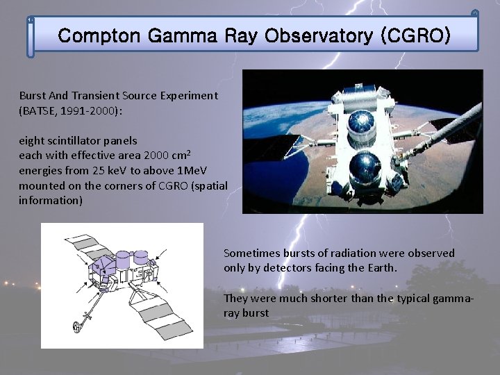Compton Gamma Ray Observatory (CGRO) Burst And Transient Source Experiment (BATSE, 1991‐ 2000): eight
