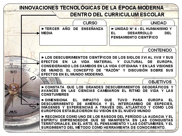 INNOVACIONES TECNOLÓGICAS DE LA ÉPOCA MODERNA DENTRO DEL CURRICULUM ESCOLAR CURSO ►TERCER AÑO DE