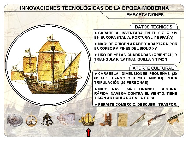 INNOVACIONES TECNOLÓGICAS DE LA ÉPOCA MODERNA EMBARCACIONES DATOS TÉCNICOS ►CARABELA: INVENTADA EN EL SIGLO