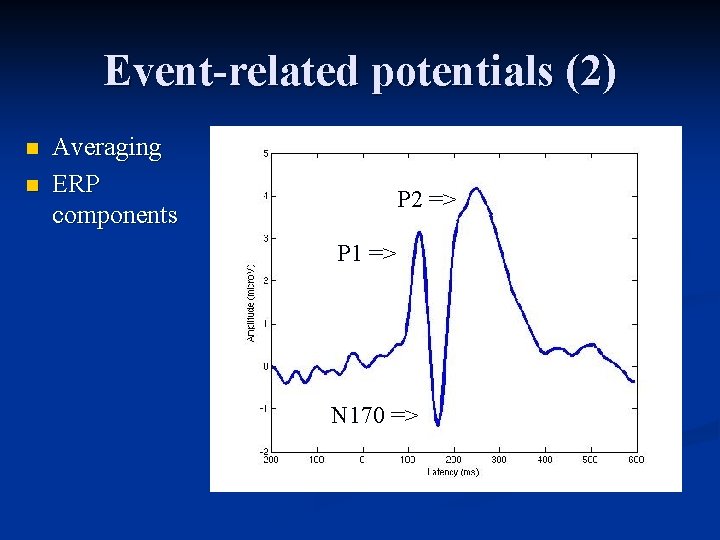 Event-related potentials (2) n n Averaging ERP components P 2 => P 1 =>