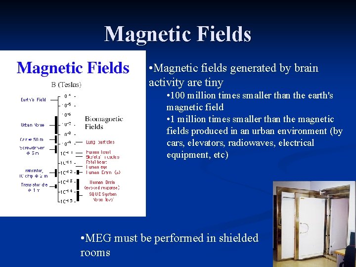 Magnetic Fields • Magnetic fields generated by brain activity are tiny • 100 million