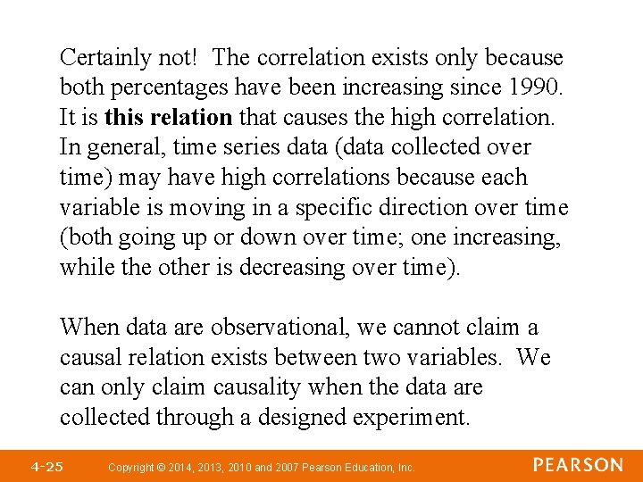 Certainly not! The correlation exists only because both percentages have been increasing since 1990. Certainly not! The correlation exists only because both percentages have been increasing since 1990.