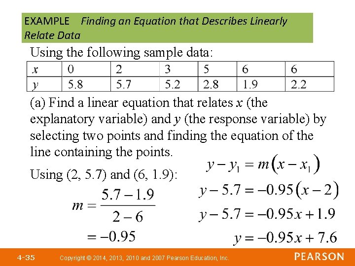 EXAMPLE Finding an Equation that Describes Linearly Relate Data Using the following sample data: EXAMPLE Finding an Equation that Describes Linearly Relate Data Using the following sample data:
