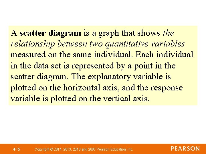 A scatter diagram is a graph that shows the relationship between two quantitative variables A scatter diagram is a graph that shows the relationship between two quantitative variables
