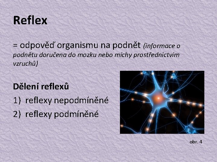 Reflex = odpověď organismu na podnět (informace o podnětu doručena do mozku nebo míchy