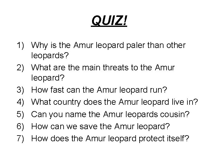 QUIZ! 1) Why is the Amur leopard paler than other leopards? 2) What are