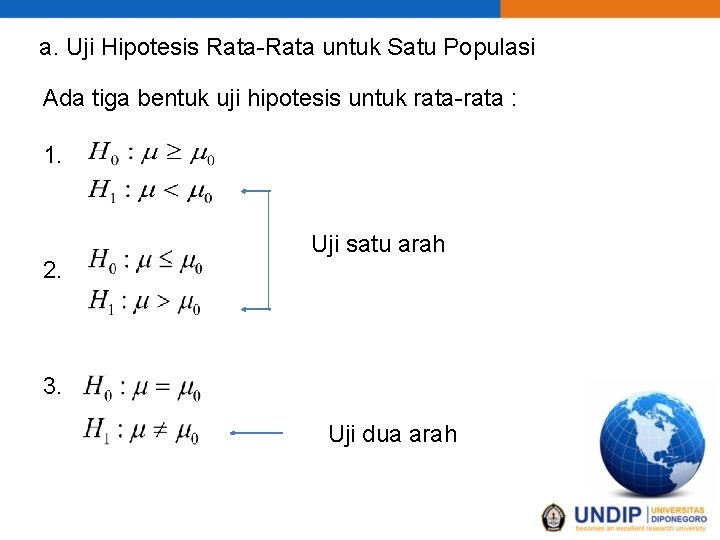 a. Uji Hipotesis Rata-Rata untuk Satu Populasi Ada tiga bentuk uji hipotesis untuk rata-rata