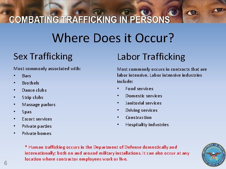 Where Does it Occur? 6 Sex Trafficking Labor Trafficking Most commonly associated with: •