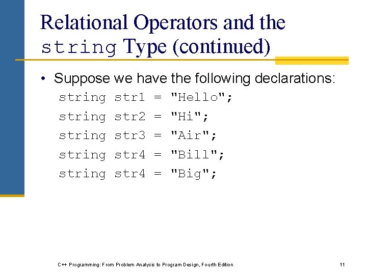 Relational Operators and the string Type (continued) • Suppose we have the following declarations: