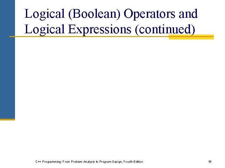 Logical (Boolean) Operators and Logical Expressions (continued) C++ Programming: From Problem Analysis to Program