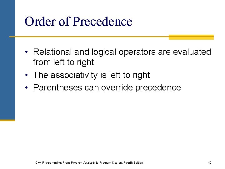 Order of Precedence • Relational and logical operators are evaluated from left to right