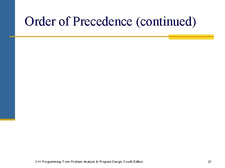 Order of Precedence (continued) C++ Programming: From Problem Analysis to Program Design, Fourth Edition