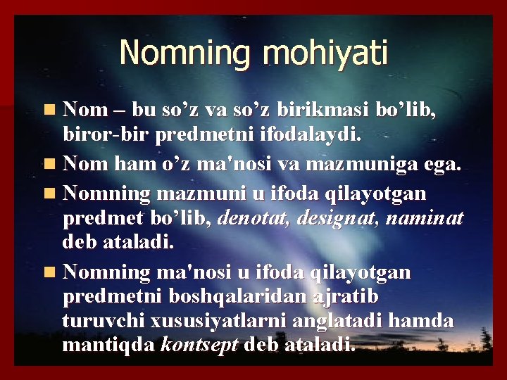 Nomning mohiyati n Nom – bu so’z va so’z birikmasi bo’lib, biror-bir prеdmеtni ifodalaydi.