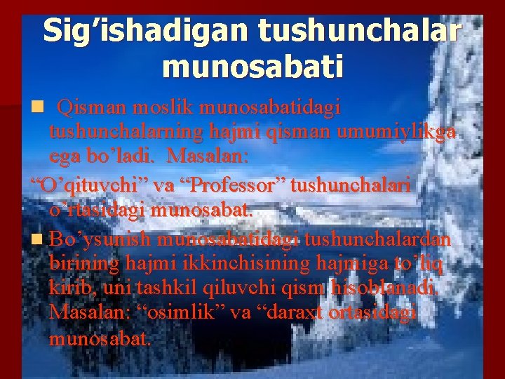 Sig’ishadigan tushunchalar munosabati n Qisman moslik munosabatidagi tushunchalarning hajmi qisman umumiylikga ega bo’ladi. Masalan: