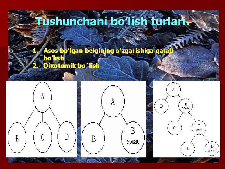 Tushunchani bo’lish turlari. 1. Asos bo’lgan bеlgining o’zgarishiga qarab bo’lish 2. Dixotomik bo`lish 