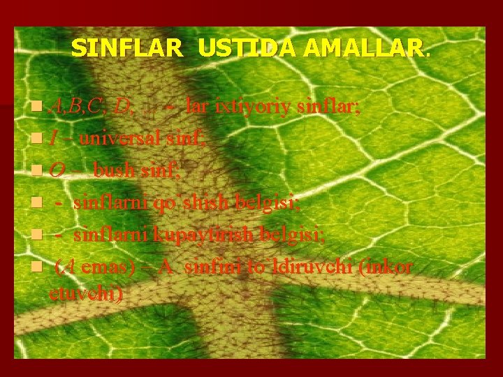 SINFLAR USTIDA AMALLAR. n A, B, C, D, … - lar ixtiyoriy sinflar; n