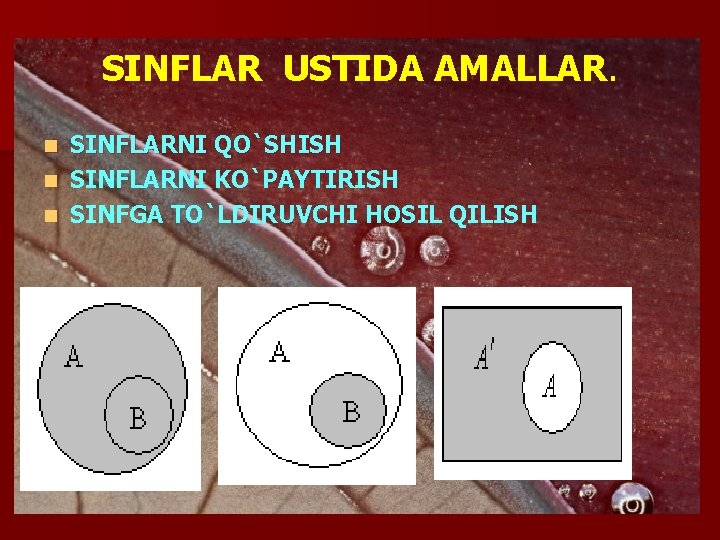 SINFLAR USTIDA AMALLAR. SINFLARNI QO`SHISH n SINFLARNI KO`PAYTIRISH n SINFGA TO`LDIRUVCHI HOSIL QILISH n