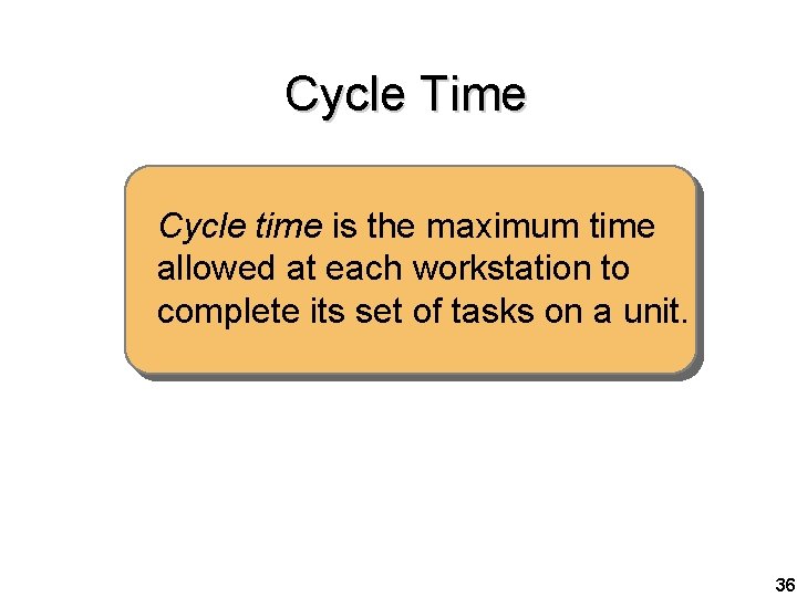 Cycle Time Cycle time is the maximum time allowed at each workstation to complete