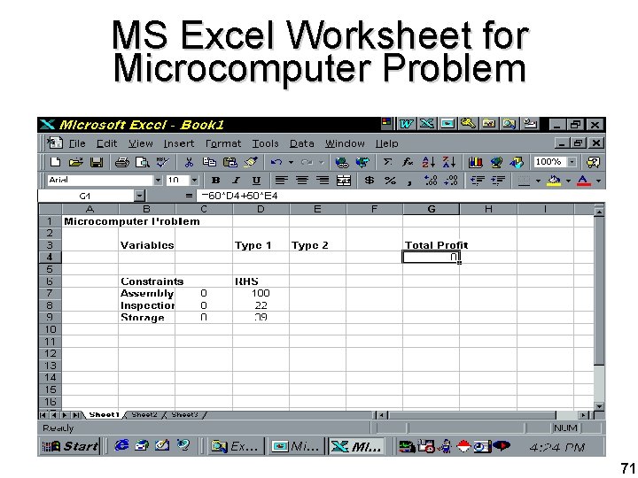 MS Excel Worksheet for Microcomputer Problem 71 