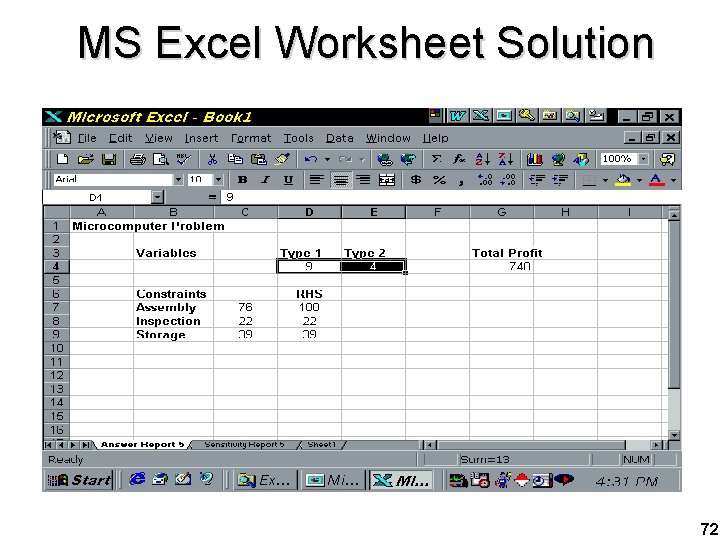 MS Excel Worksheet Solution 72 