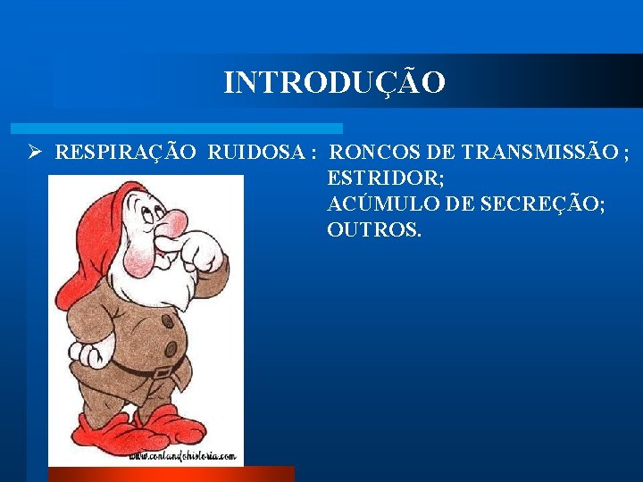 INTRODUÇÃO Ø RESPIRAÇÃO RUIDOSA : RONCOS DE TRANSMISSÃO ; ESTRIDOR; ACÚMULO DE SECREÇÃO; OUTROS.